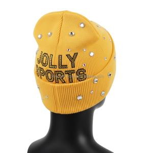 Bonnet en tricot côtelé pour femme, 300 GSM, style hiver, jaune, avec logo personnalisé en sequins et strass brillants, bonnet jacquard - Product Image 5