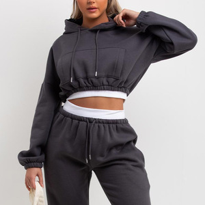 Sudadera con capucha de lana suelta para mujer, sudadera con hombros descubiertos de Color sólido, estilo corto informal de algodón 100% para invierno - Product Image 2