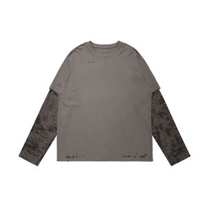 Long Sleeve Tshirt <b>Vintage</b> Acid Wash Cotton 320gsm Camouflage Sleeve High Quality Custom logo Double Sleeve <b>Sweatshirt</b> for Men - Product Image 3