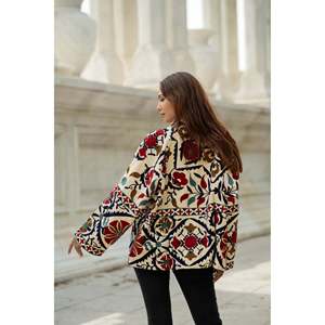 Autumn Winter Boho Gypsy Artisan <b>Hand</b> Crafted Luxury Outerwear Cotton Suzani Embroidered Short Jacket Olive Green Perfect Gift - Product Image 3