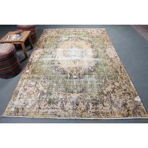 Tapis turc vintage de grande surface vert 6 X 9.4ft Rectangle Patchwork Motif Laine Matériau Latex Support-pour couloir chambre chevet - Product Image 1