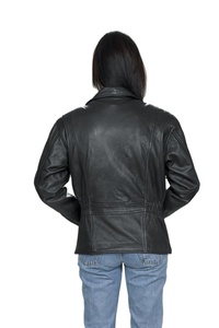 Chaqueta de Motocicleta para Mujer HMB-0287A, de Cuero Vacuno Tejido, con Cuello en V de Satén, Larga, Invernal, a la Moda, Resistente al Viento, con Cierre de Cremallera - Product Image 3