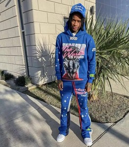 Chándal personalizado, chándal de lana gruesa, 100% de algodón, sudaderas con capucha de dos piezas y pantalones de chándal acampanados, conjunto de joggers apilados para hombre - Product Image 2