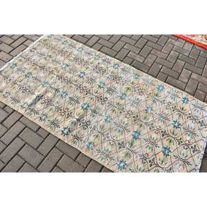 Alfombra Turca Vintage de 3.37x6.6 pies, Alfombra Decorativa, Alfombra con Diseño Floral Azul - Product Image 4