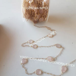 Cadena de cuarzo rosa, cuentas de piedras preciosas, cadena envuelta en alambre, chapado en oro de 18K, más de 925 piedras preciosas de plata para proveedores y fabricantes - Product Image 1