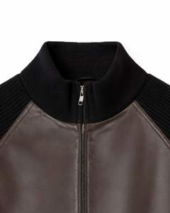 Chaqueta de Punto con Cremallera y Mangas de Cuero Sintético Marrón Oscuro y Negro para Hombre, Cuello Acanalado, Ropa de Abrigo Informal de Invierno, Abrigo de Moda - Product Image 6