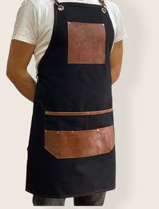 ผ้ากันเปื้อนสำหรับร้านอาหารสีดำและสีน้ำตาลขิงสายหนังเทียมและกระเป๋า - Product Image 3