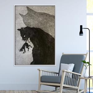 Toile imprimée : Silhouette de chat mère et chaton, décoration murale moderne pour animaux de compagnie, toile encadrée blanche - Product Image 1