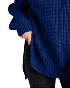 Suéter de Punto Personalizado de Cuello Alto Azul Marino para Mujer, Cálido para Invierno, Suave, Acanalado, de Manga Larga, Informal, Holgado - Product Image 5