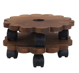 High quality Acacia Flower shape Wooden Lockable Plant Caddy Wood Patio Pot Plant Holder Round Plant Cart 360 Degree