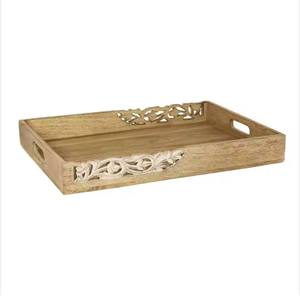 Bandeja de mesa de centro de madera de mango macizo tallada a mano Flourish, bandeja de madera grande tallada a mano, bandeja de madera decorativa para hoteles y restaurantes - Product Image 1