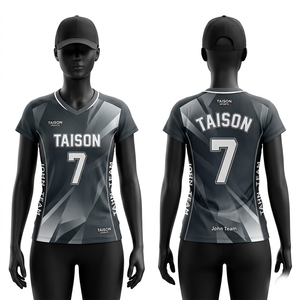 เสื้อวอลเลย์บอลหญิง พรีเมียม 150 GSM ผ้าโพลีเอสเตอร์ตาข่ายระบายอากาศ สีดำเทา ลายเรขาคณิต ออกแบบโลโก้แบบซับลิเมชั่นตามสั่ง - Product Image 1