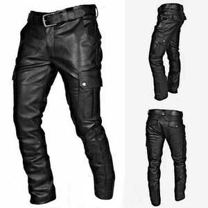 Pantalones de cuero negro suave de buena calidad, pantalones de cuero de hombre ajustados informales con logotipo personalizado y bolsillos - Product Image 3