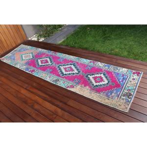 Vintage Turkish <b>Runner</b> Rug 2.4x9.6 ft, <b>Red</b> Blue Floral Wool Rug - Product Image 2