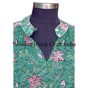 Robe midi confortable et légère pour femme, 100% coton, faite à la main, manches 3/4, élégante, à motifs floraux, imprimée à la main, tricotée, lavable - Product Image 4