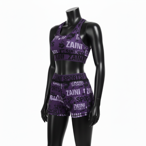 Conjunto de Shorts para Mujer, 240 GSM, Tela Elástica de Poliéster y Spandex, Morado y Negro, Logotipo Personalizado por Transferencia Térmica, Conjunto de Shorts de Algodón para Mujer - Product Image 4