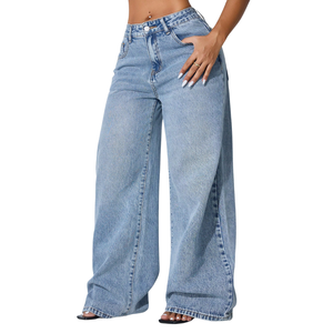 Jean en denim ample taille haute pour femme, coupe décontractée, respirant, séchage rapide, tissé, bleu clair, délavage enzymatique, coton uni - Product Image 1