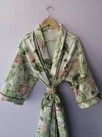 Design de mode fait à la main vert imprimé fleuri coton Kimono matelassé peignoir manteau femmes à manches longues vêtements de nuit robe de chambre