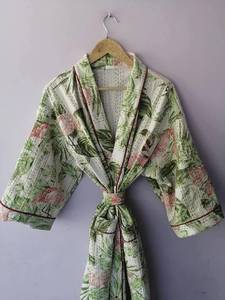 Design de mode fait à la main vert imprimé fleuri coton Kimono matelassé peignoir manteau femmes à manches longues vêtements de nuit robe de chambre - Product Image 2