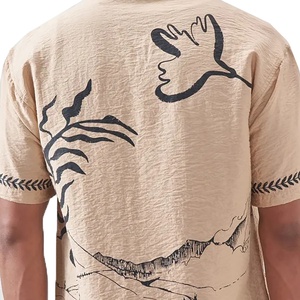 Men's Beige Short Sleeve Casual Shirt Hand Drawn Castle Print Turn-Down Collar 100% Cotton Poplin Summer Wear - Product Image 5
