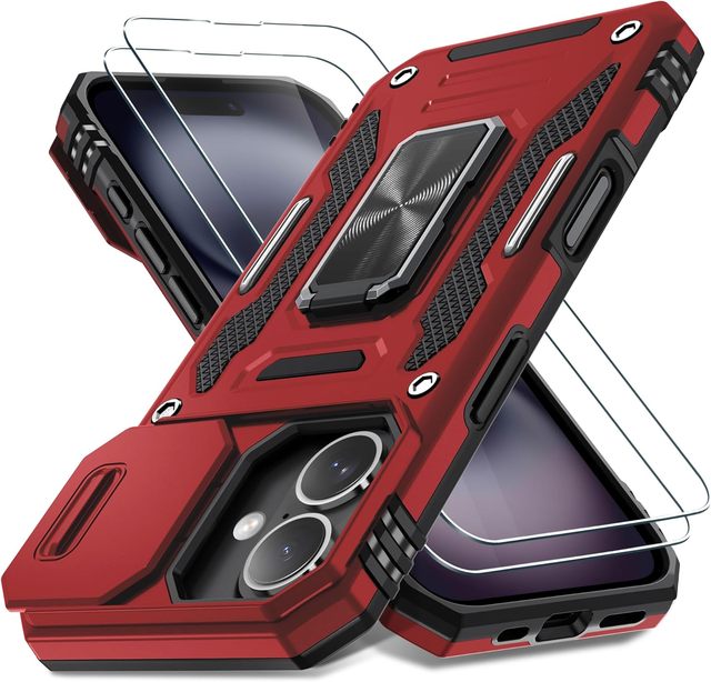 With Sliding Lens Protection Cover Shockproof 2 in 1 Ring Kickstand TPU PC Phone Case for iPhone 13 12 14 15 16 17 Pro Max
