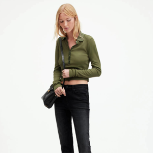 Women's Olive <b>Green</b> Polo Neck <b>Long</b> <b>Sleeve</b> <b>Crop</b> <b>Top</b> Slim Fit Solid Color Casual Knitted Shirt - Product Image 3