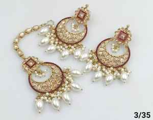 INDIEN MEHNDI POLONAIS TRADITIONNEL ET À LA MODE AVEC BOUCLES D'OREILLES DE PERLES ET ENSEMBLE MANGTIKKA POUR FEMMES ET FILLES - Product Image 6