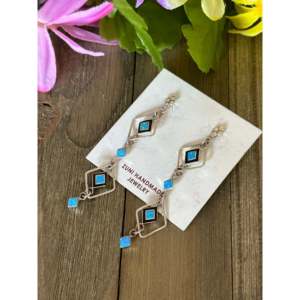 Zuni Made Opal & Sterling <b>Silver</b> Post Dangle <b>Earrings</b>-Geometric Drop <b>Earrings</b> <b>for</b> Gifting - Product Image 3