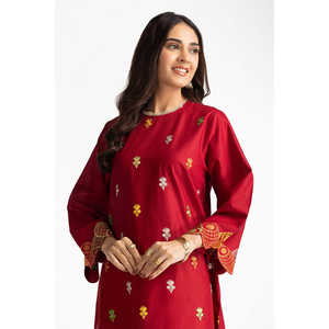 Chemise brodée en tissu lawn marron pour femme avec manches trois-quarts et shalwar imprimé - Product Image 2