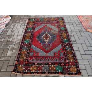 Vintage Turkish Accent Rug 3.9x5.9 ft, <b>Red</b> Solid Rug <b>Wool</b> - Product Image 1