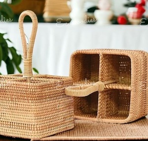 Elegant Natural Rattan Utensil Holder Spoon Cutlery Organizer 4-Section <b>Wicker</b> Cane Cutlery <b>Basket</b> for Countertop with <b>Handle</b> - Product Image 2