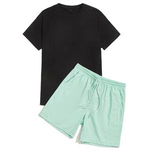 Ensemble deux pièces pour homme, été, t-shirt et short, tissu respirant 100% coton, mode décontractée pour l'extérieur et la maison - Product Image 1