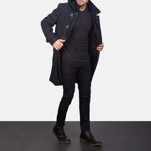 Manteau d'hiver pour homme en laine 100% imperméable, coupe slim, à capuche, doublure matelassée, boutons à pression, fermeture éclair - Noir Drake Duffle - Product Image 1