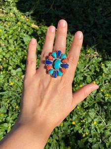 Exquis 925 Sterling Silver Multi-Stone Vintage Fancy Style Turquoise Bezel Setting Statement Ring pour les mariages unisexes - Product Image 2