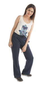 กางเกงและกางเกงขายาวสำหรับผู้หญิงมีสายรัดเอวยางยืดสีฟ้าเข้มและมีกระเป๋าสองข้างตรงออร์แกนิค - Product Image 4