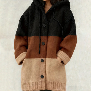 <strong>Women's</strong> Button-Up <strong>Long</strong> Sleeve Open Front Sweater with Pockets Plus-Size Striped Color-Block <strong>Hooded</strong> <strong>Long</strong> Sweater <strong>Cardigan</strong> - Product Image 1