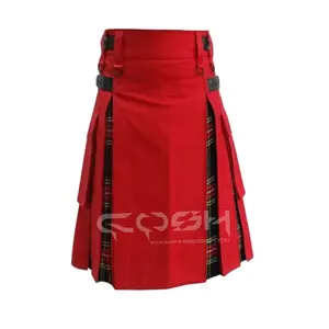 New Fashion Wear Red Cotton With Red Tartan Hybrid Utility Kilt Supplier From Pakistan Best Selling Online Kilts