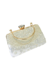 Direct India Elegant Vintage Lady Satin Bridal Purse Hand Embroidered Golden <b>White</b> Beads Best Quality Women's Fashion <b>Clutches</b> - Product Image 1