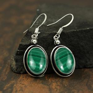 Boucles d'oreilles en pierres précieuses malachite 925 boucles d'oreilles en argent sterling massif de forme ovale pour femmes et filles boucles d'oreilles pendantes bijoux en argent - Product Image 4
