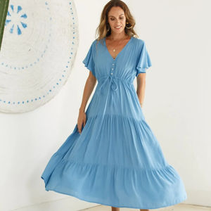 Nouvelle arrivée 2023 Femmes Casual Summer Long Dress Spaghetti Strap Full Sleeve Beach Long Sky Blue Maxi Sun Dresses - Product Image 1