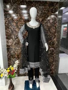 Designer Sequence <b>Black</b> Ethnic Style Kurti With <b>Pant</b> and Dupatta Set, Georgette <b>Work</b> Suit, Fully Stitched Beautiful Dress - Product Image 4