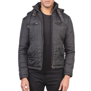 Veste coupe-vent à fermeture éclair légère matelassée noire avec capuche attachée pour hommes les plus exigeants à vendre en vrac - Product Image 1