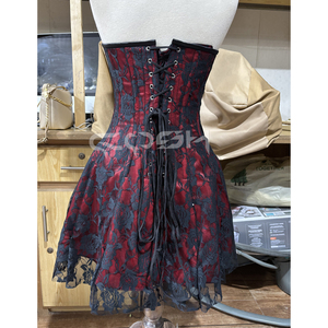 Vestido Corsé Vintage Rojo Satinado con Superposición de Encaje Negro, Vestido de Fiesta Gótico con Corte en A - Product Image 6