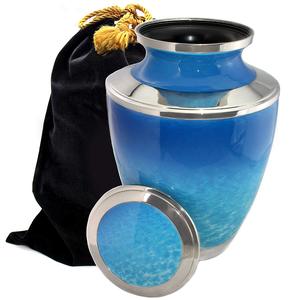 Urnes de crémation en aluminium classiques bande d'argent bleu fini pour les cendres humaines Urnes de crémation commémoratives d'enterrement pour adultes - Product Image 1