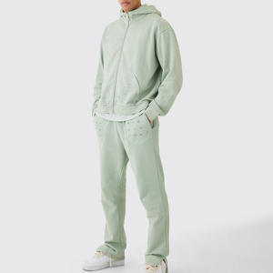 Conjunto de chándal de hombre de algodón 100% lavado ácido personalizado al por mayor sólido cuello con capucha cremallera frontal último chándal transpirable de invierno - Product Image 2