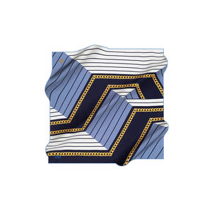 Navy Blue Silk Crepe Satin Scarf with Square Chain Pattern - Product Image 1