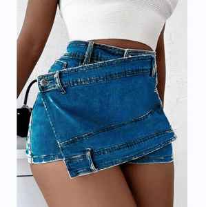 Short en jean taille haute taille croisée pour femmes OEM coupe droite ample respirant en détresse lavé vintage léopard dentelle été - Product Image 4