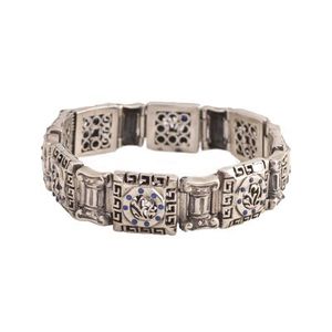 925 Sterling Silver Antique <b>Beaded</b> <b>Bracelet</b> with Greek Pattern Zircon Stones Geometric Number Design Pearl Main Stone for Gift - Product Image 1