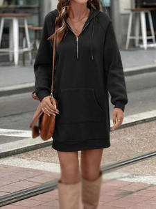 ชุดเดรสฮู้ดดี้ผู้หญิงแบบซิปครึ่งตัว ปี 2026 ผ้าฝ้ายฟลีซ สีพื้น มีกระเป๋าจิงโจ้ สไตล์ลำลอง สำหรับฤดูหนาว สตรีทแวร์ แบบสวมหัว สั่งทำได้ ผู้ผลิต - Product Image 4