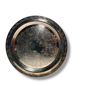 Assiette de service ronde en argent plaqué de qualité supérieure, motif gravé orné, plat décoratif en métal pour la décoration de la maison, vaisselle de mariage - Product Image 1